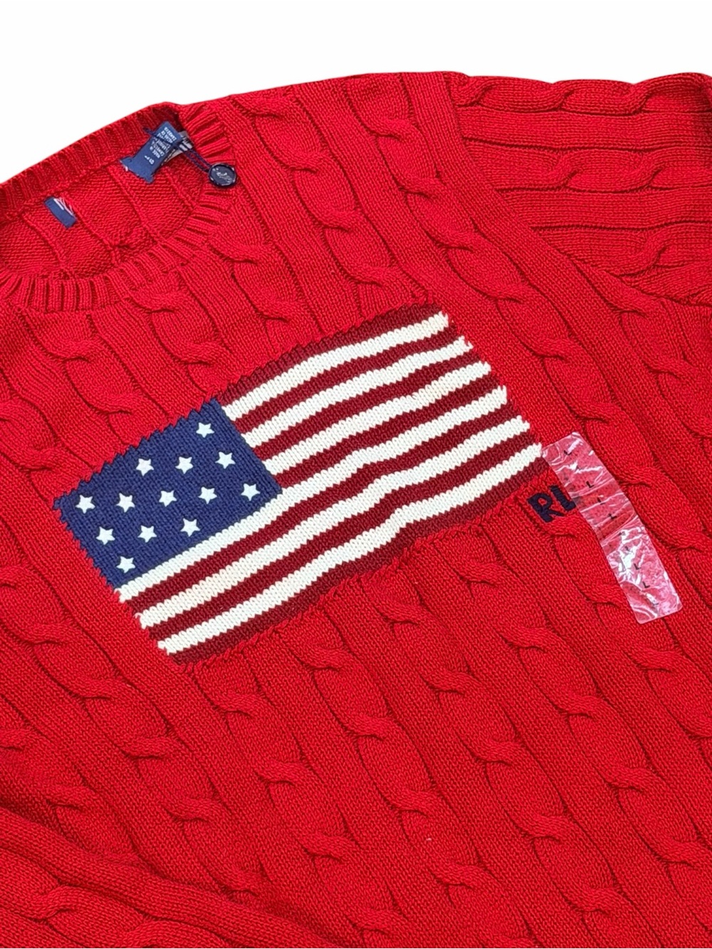 Polo Ralph Lauren USA Flag Cable Knit Sweater Red Cotton Crewneck Men’s L NWOT
